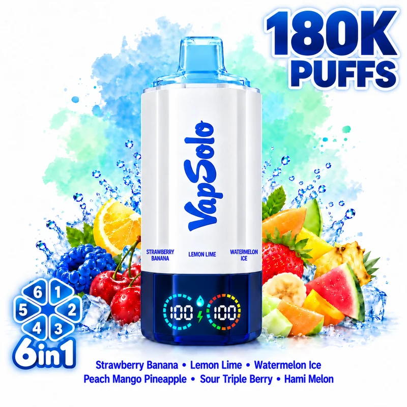 Vapsolo Sixer 180000 6in1 — Strawberry Banana / Lemon Lime / Watermelon Ice / Peach Mango Pineapple / Sour Triple Berry / Hami Melon