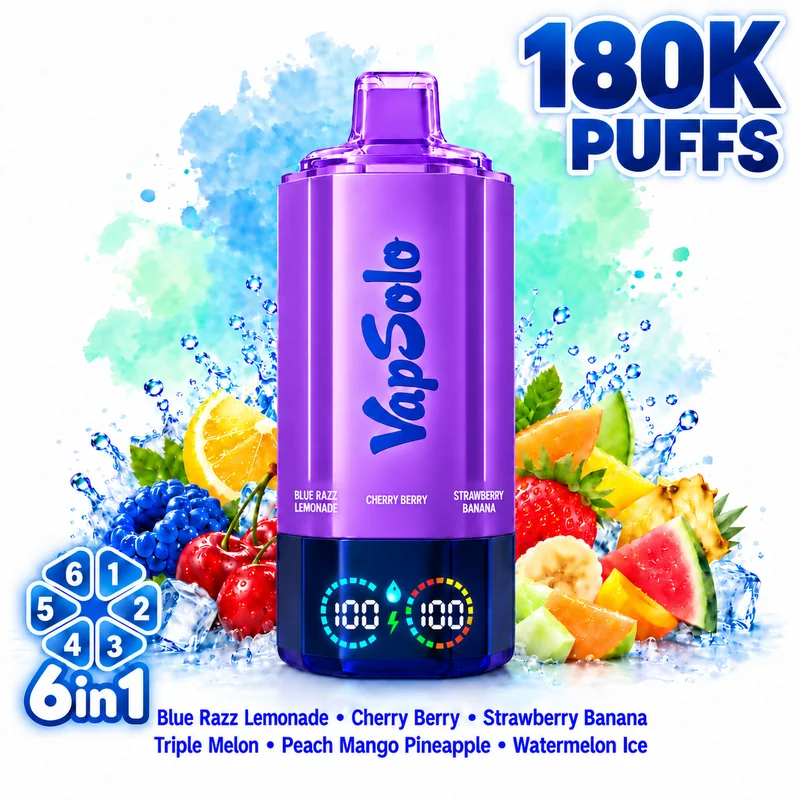 Vapsolo Sixer 180000 6in1 — Blue Razz Lemonade / Cherry Berry / Strawberry Banana / Triple Melon / Peach Mango Pineapple / Watermelon Ice